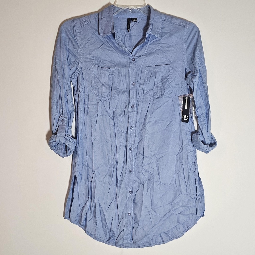 New Directions Shirt Womens Small Blue Button Up Long Sleeve Tunic Pockets Rayon